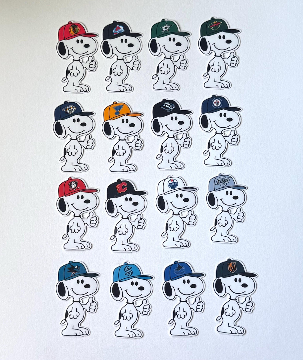 Autocollant en vinyle pour chiot inspiré des équipes de la Conférence Ouest de la LNH 2025 | Décalcomanie inspirée de Snoopy sur le thème du hockey sur glace